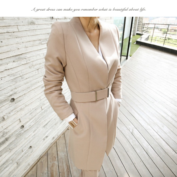 Vネックノーカラー セミロング丈 パンツスーツ