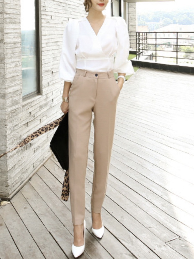 Vネックノーカラー セミロング丈 パンツスーツ