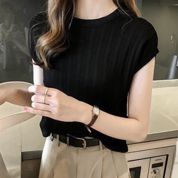 太リブ サマーニット フレンチスリーブ 半袖 トップス