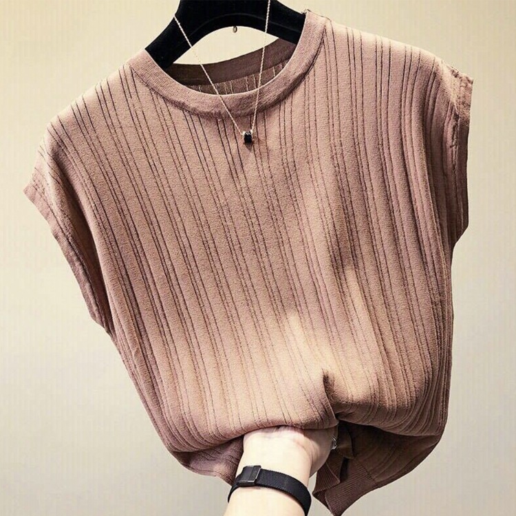 太リブ サマーニット フレンチスリーブ 半袖 トップス