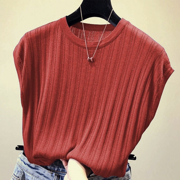 太リブ サマーニット フレンチスリーブ 半袖 トップス