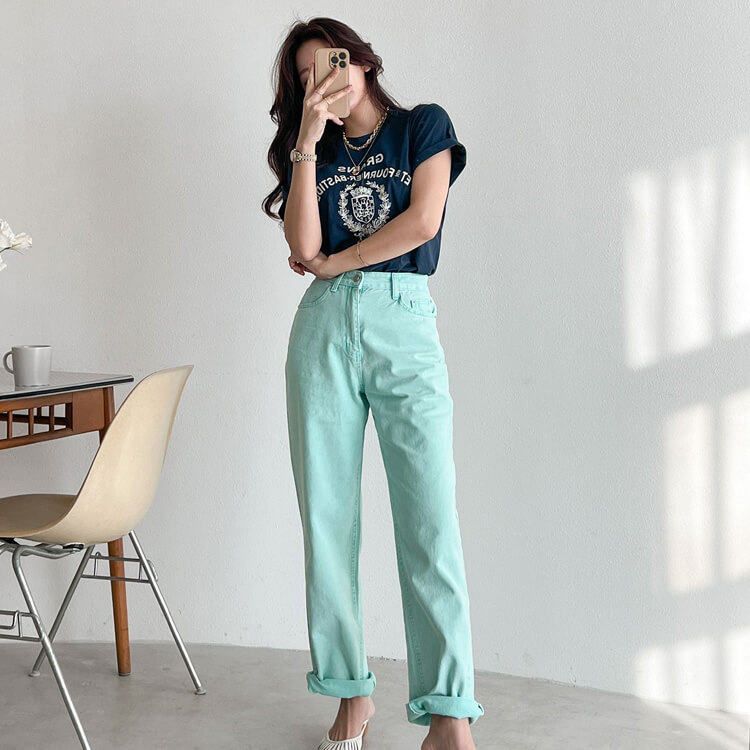 カラーデニム ストレートライン デニム ロングパンツ