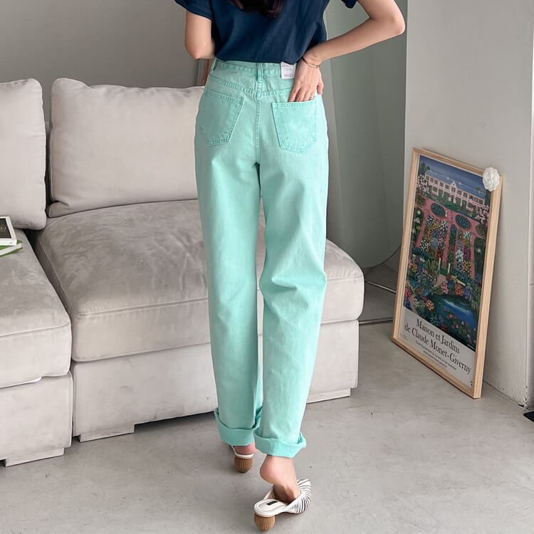 カラーデニム ストレートライン デニム ロングパンツ