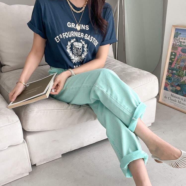 カラーデニム ストレートライン デニム ロングパンツ