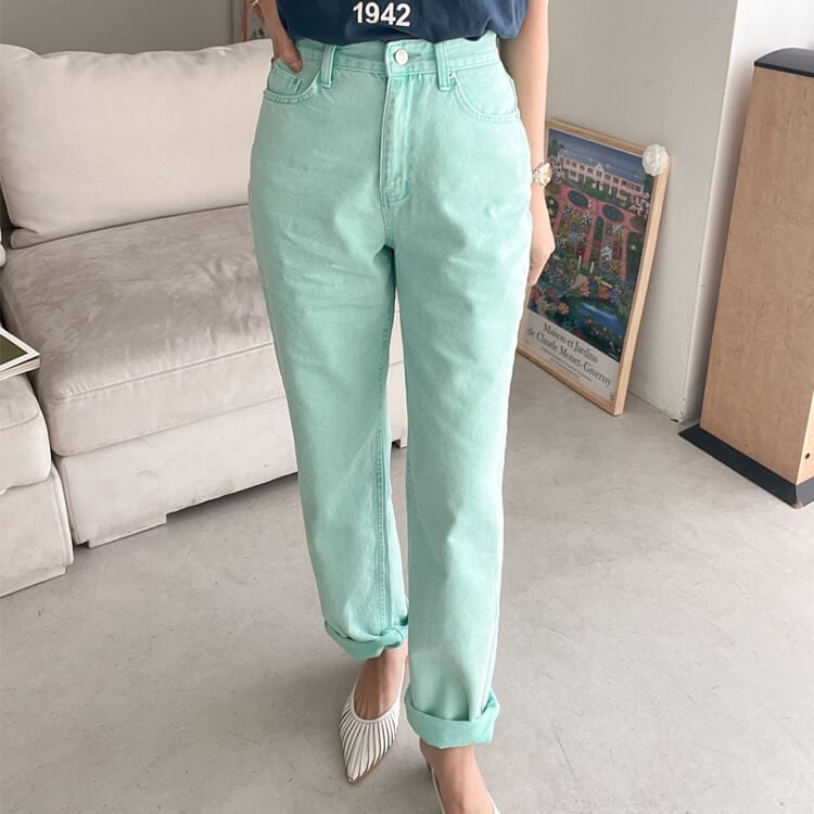 カラーデニム ストレートライン デニム ロングパンツ