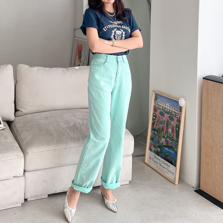 カラーデニム ストレートライン デニム ロングパンツ