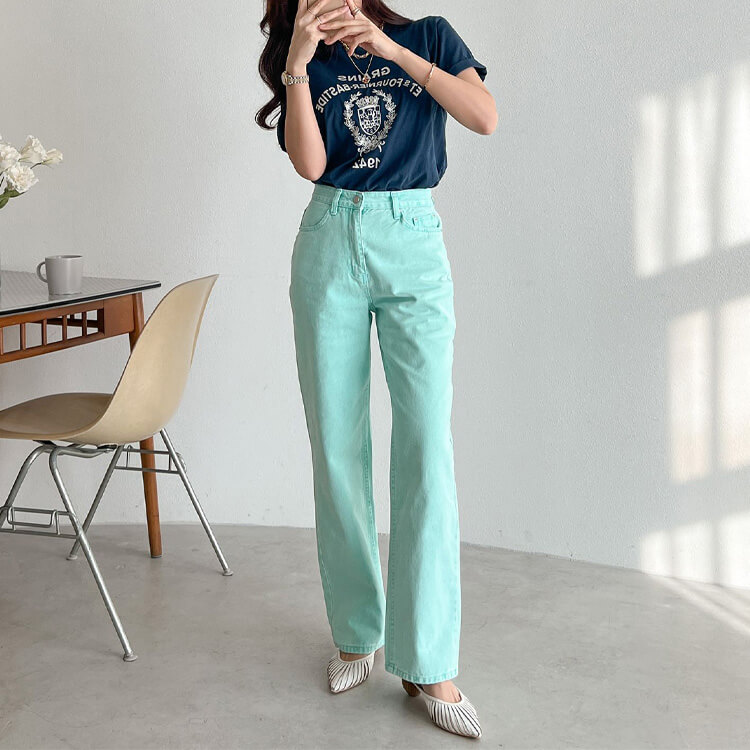 カラーデニム ストレートライン デニム ロングパンツ