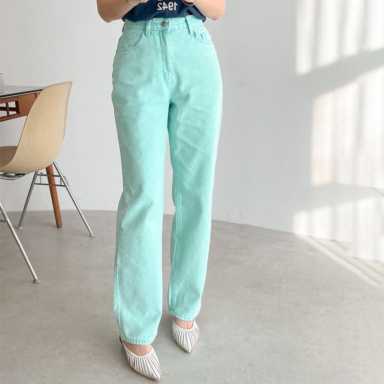 カラーデニム ストレートライン デニム ロングパンツ