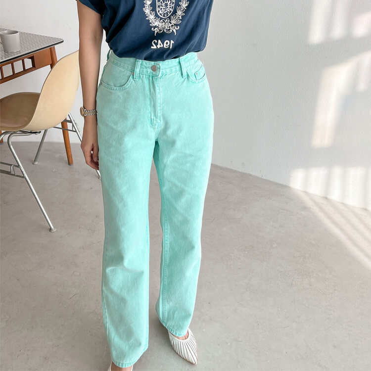 カラーデニム ストレートライン デニム ロングパンツ