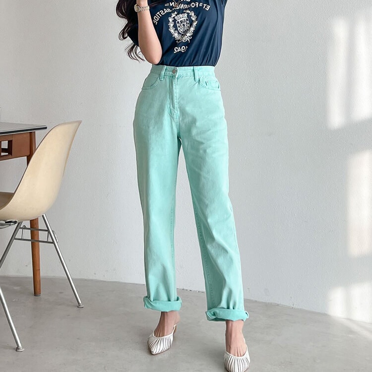 カラーデニム ストレートライン デニム ロングパンツ