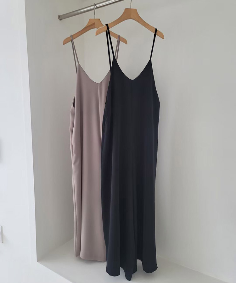 てろんと感 華奢ひも Vネック ロングサロペット