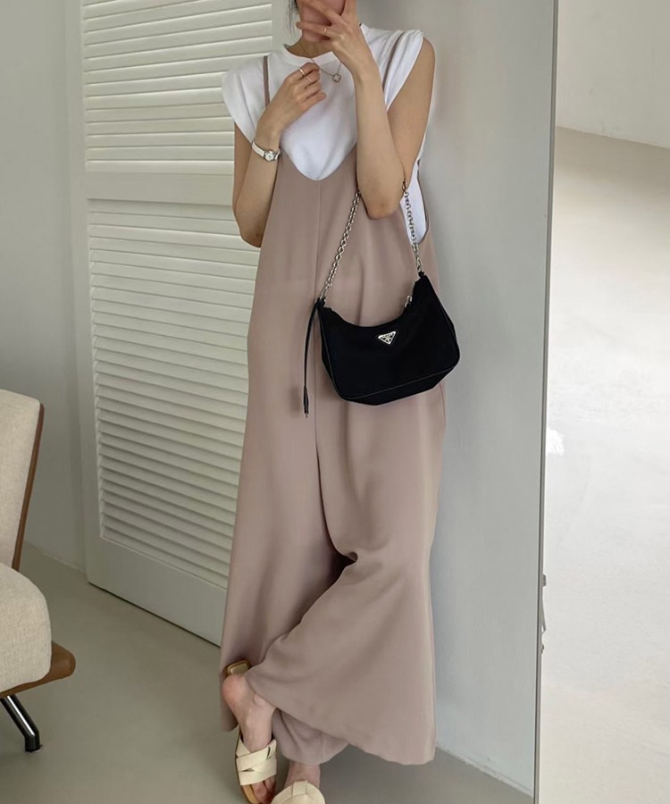 てろんと感 華奢ひも Vネック ロングサロペット