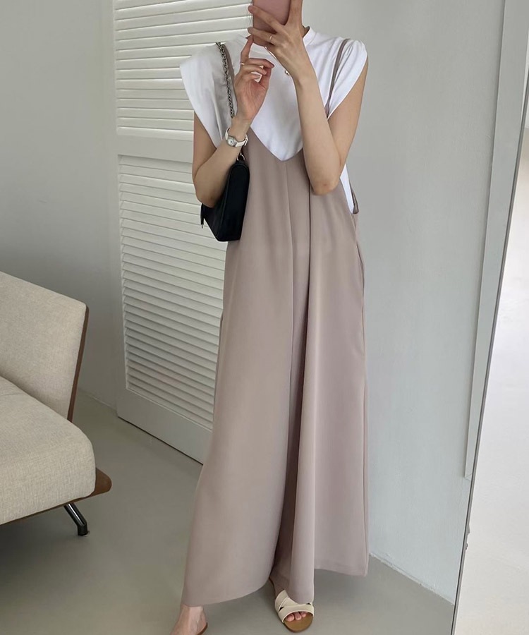 てろんと感 華奢ひも Vネック ロングサロペット