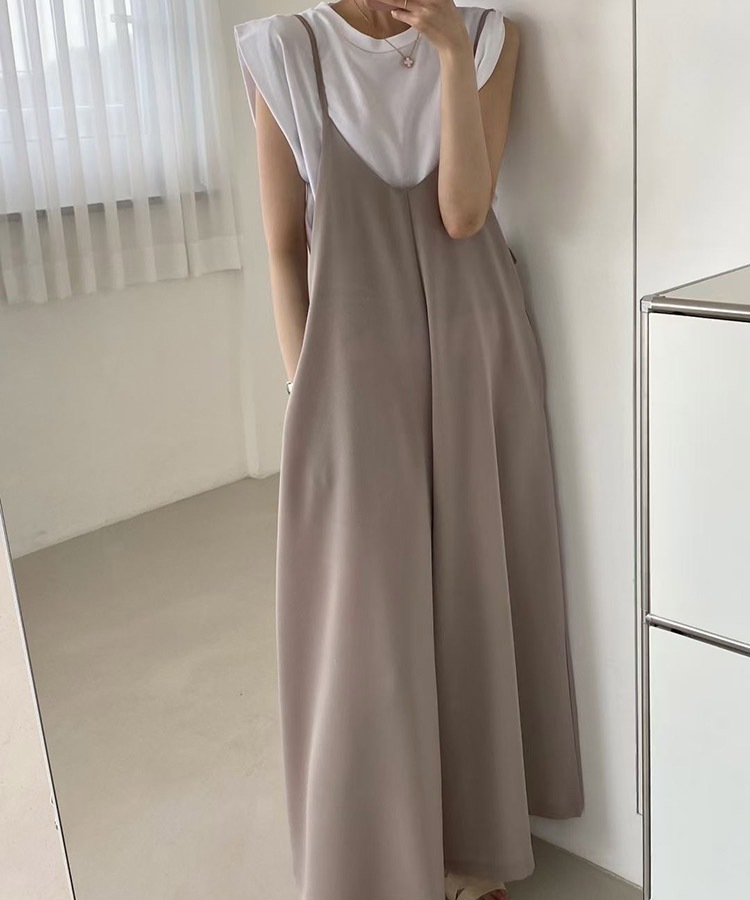 てろんと感 華奢ひも Vネック ロングサロペット