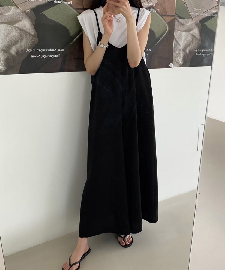 てろんと感 華奢ひも Vネック ロングサロペット