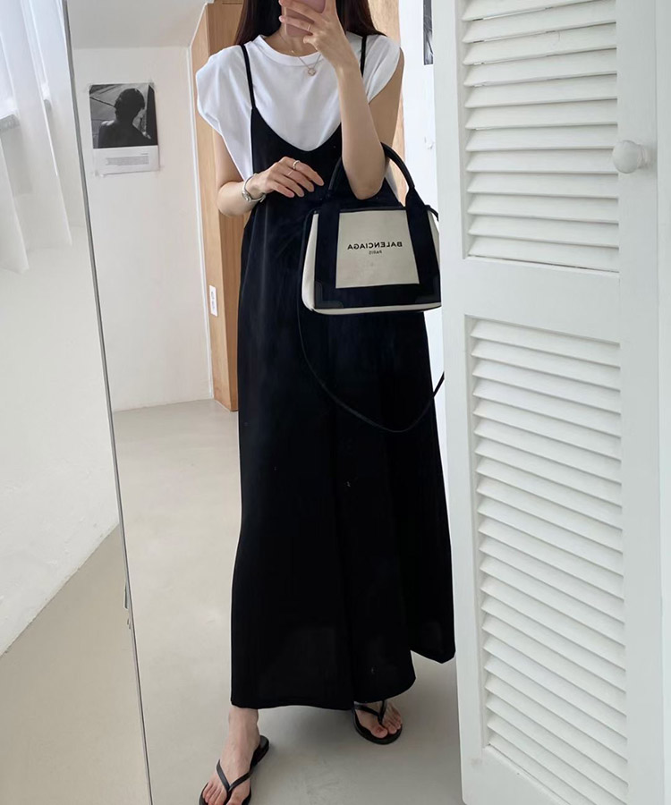 てろんと感 華奢ひも Vネック ロングサロペット