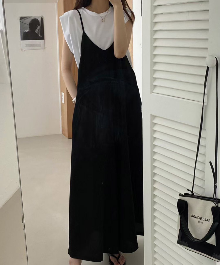 てろんと感 華奢ひも Vネック ロングサロペット