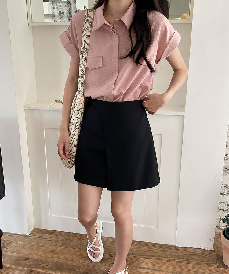 ロールアップ フレンチスリーブ 半袖 襟付き ブラウス