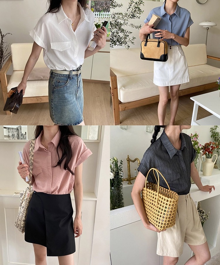 ロールアップ フレンチスリーブ 半袖 襟付き ブラウス