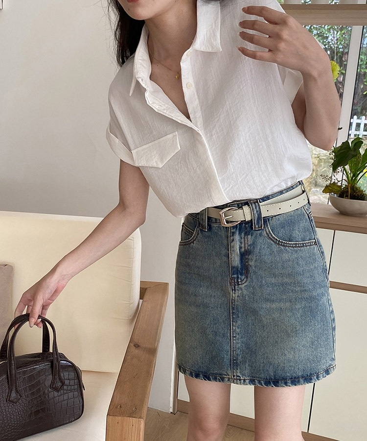 ロールアップ フレンチスリーブ 半袖 襟付き ブラウス