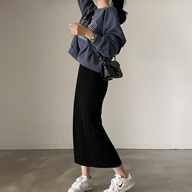 タイトフィット ケーブルニット ロングスカート