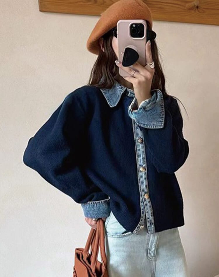 デニム切り替えが映える レイヤード風ニットカーディガン