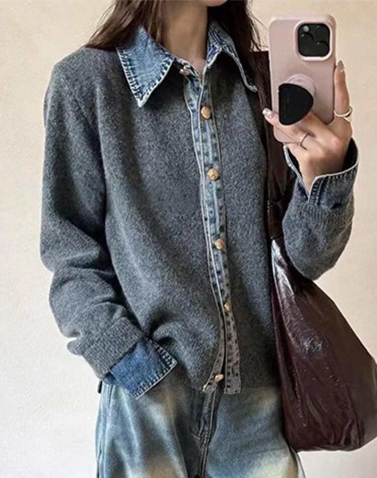 デニム切り替えが映える レイヤード風ニットカーディガン