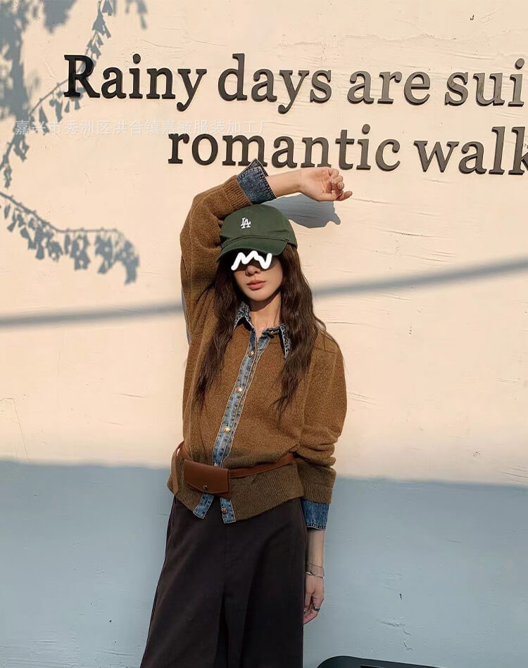 デニム切り替えが映える レイヤード風ニットカーディガン