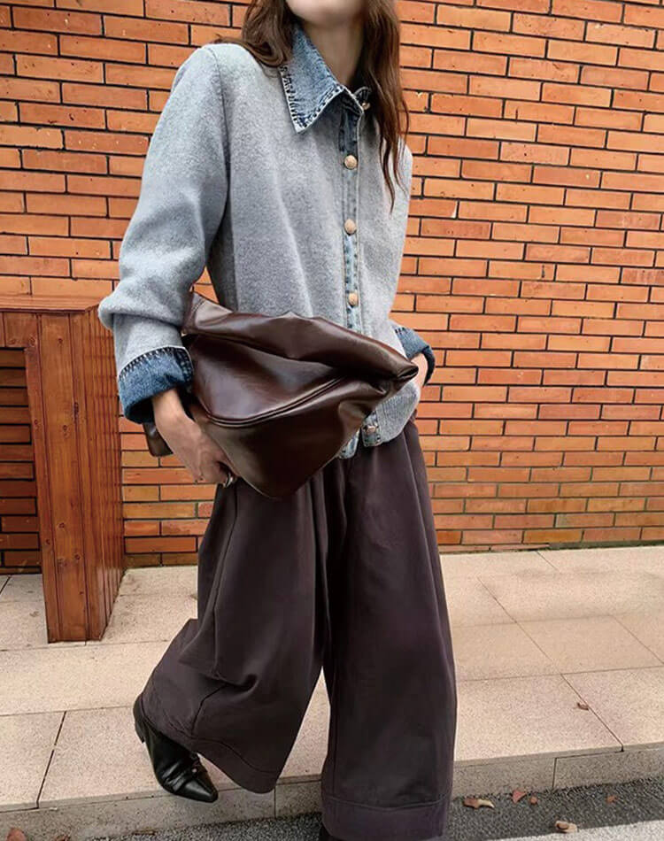 デニム切り替えが映える レイヤード風ニットカーディガン