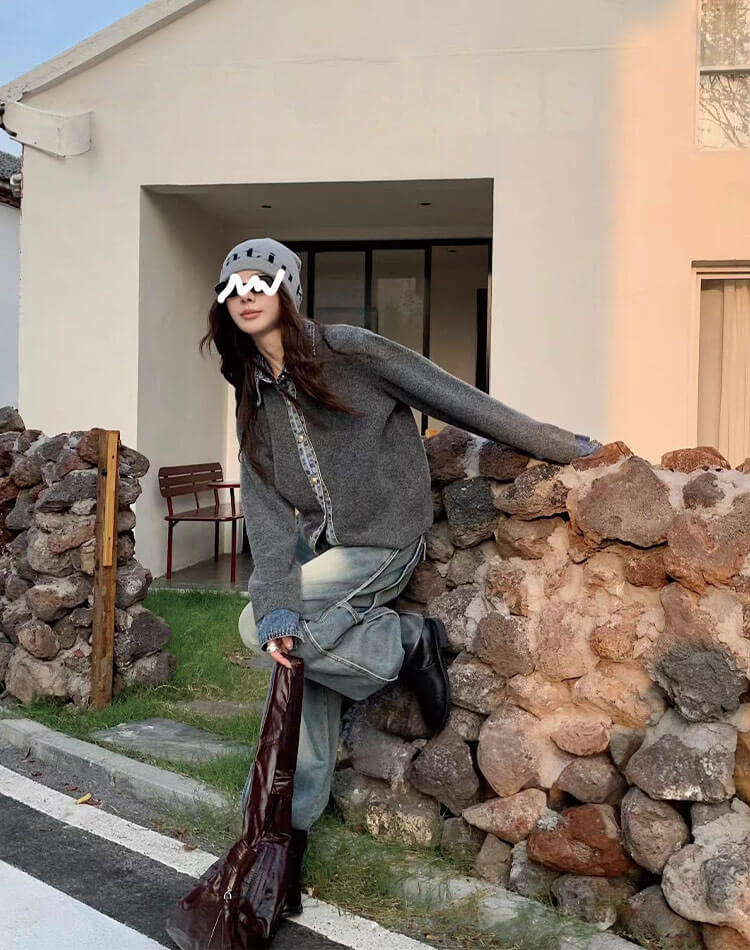 デニム切り替えが映える レイヤード風ニットカーディガン