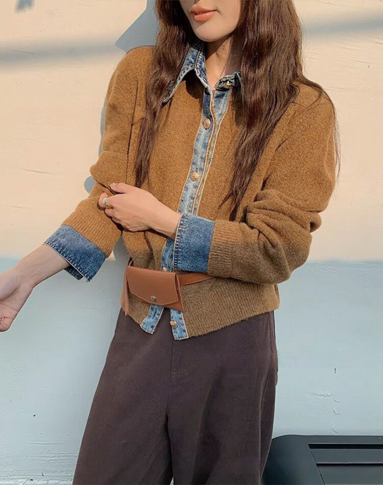 デニム切り替えが映える レイヤード風ニットカーディガン