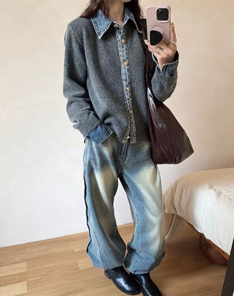 デニム切り替えが映える レイヤード風ニットカーディガン