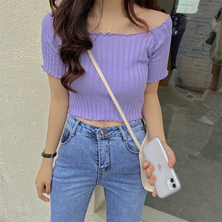 肩見せ 半袖 ショート丈 リブTシャツ