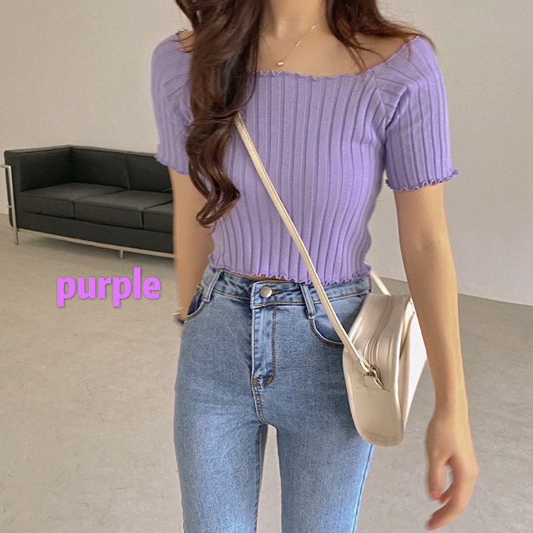 肩見せ 半袖 ショート丈 リブTシャツ