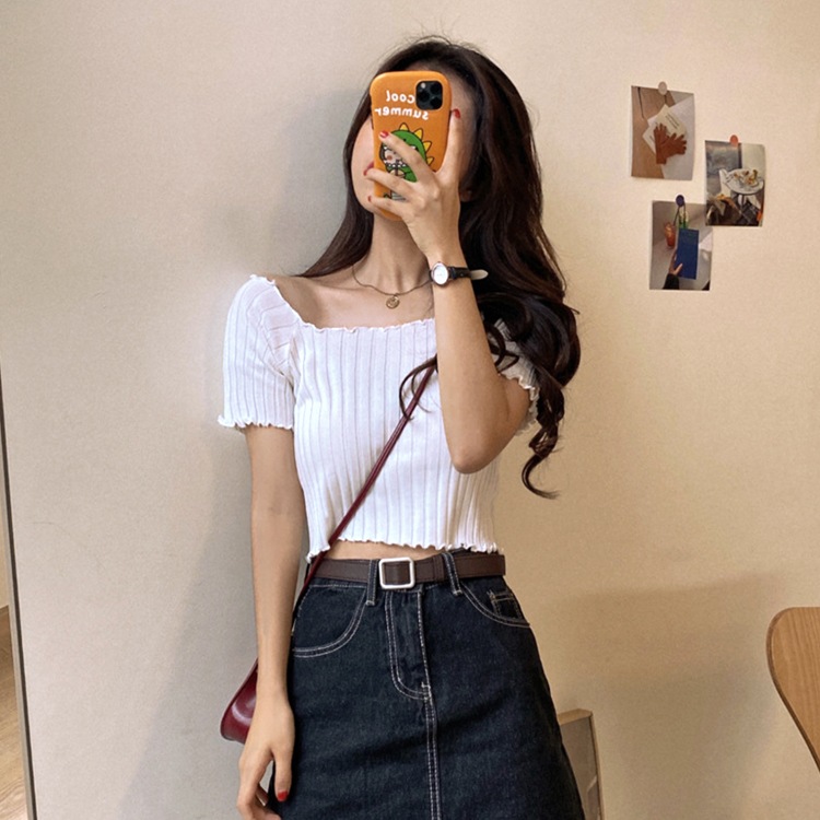 肩見せ 半袖 ショート丈 リブTシャツ