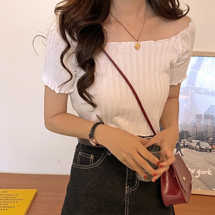 肩見せ 半袖 ショート丈 リブTシャツ