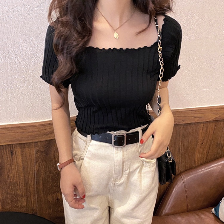 肩見せ 半袖 ショート丈 リブTシャツ