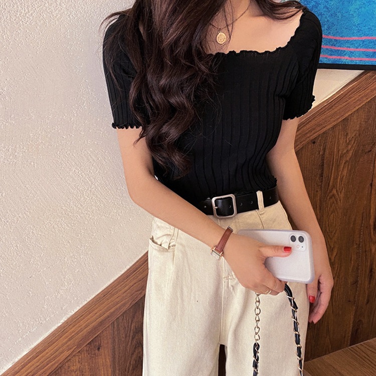 肩見せ 半袖 ショート丈 リブTシャツ