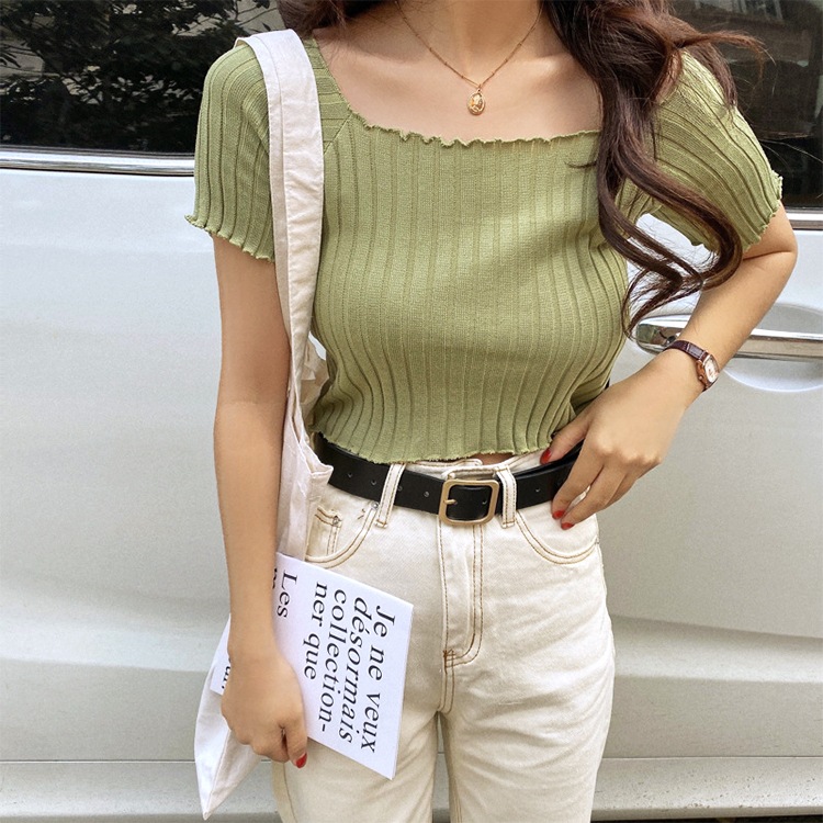 肩見せ 半袖 ショート丈 リブTシャツ