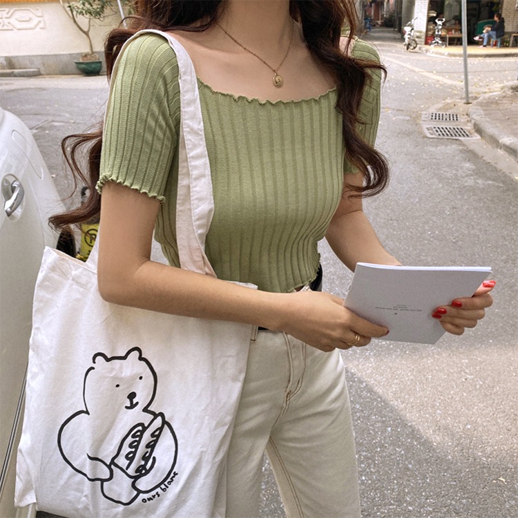 肩見せ 半袖 ショート丈 リブTシャツ