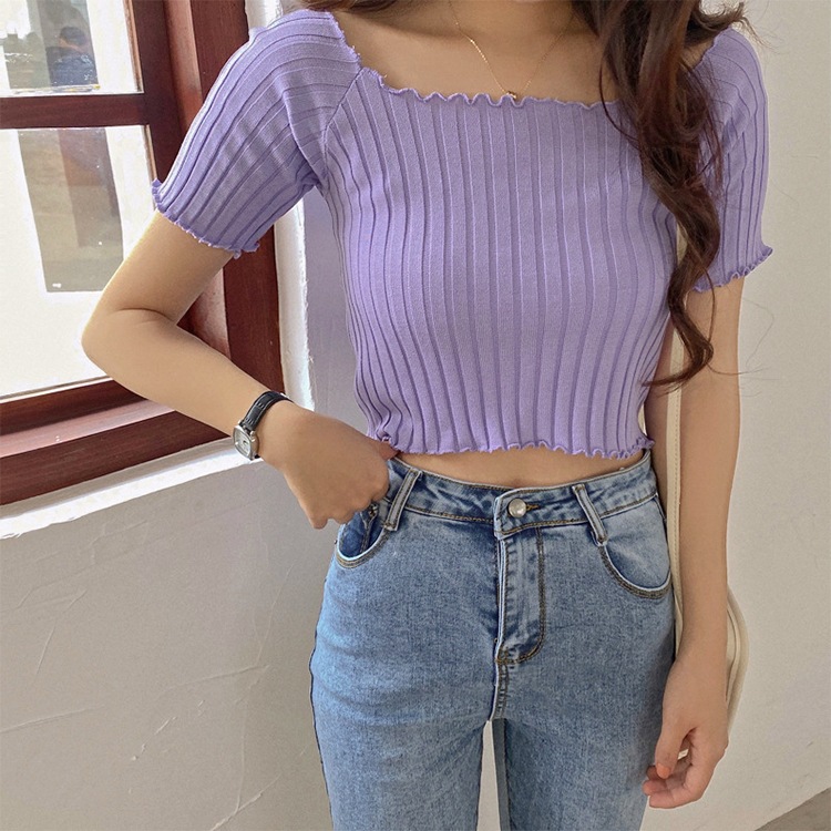 肩見せ 半袖 ショート丈 リブTシャツ