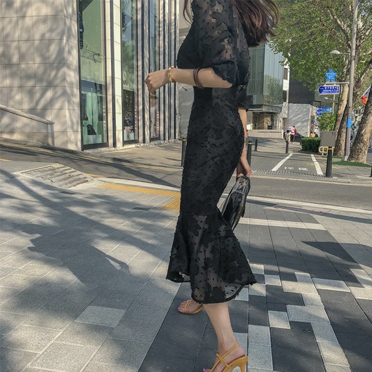 シースルーシフォン マーメイドライン ブラックワンピース