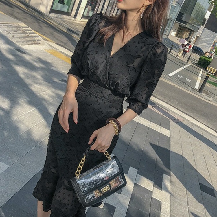 シースルーシフォン マーメイドライン ブラックワンピース