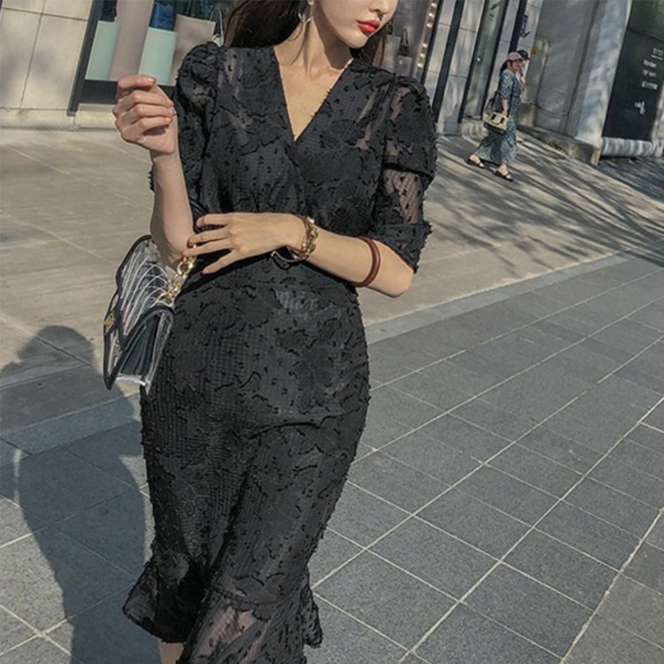 シースルーシフォン マーメイドライン ブラックワンピース