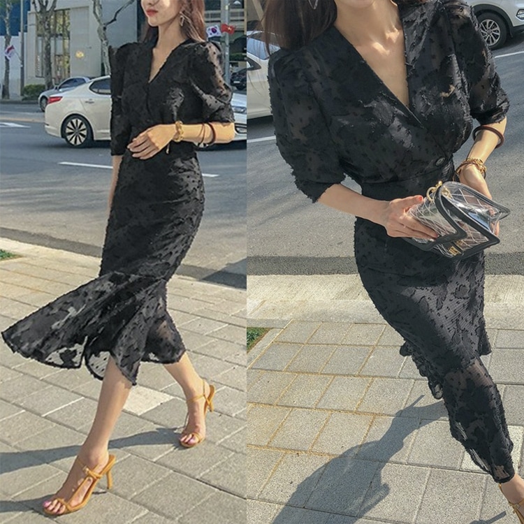 シースルーシフォン マーメイドライン ブラックワンピース