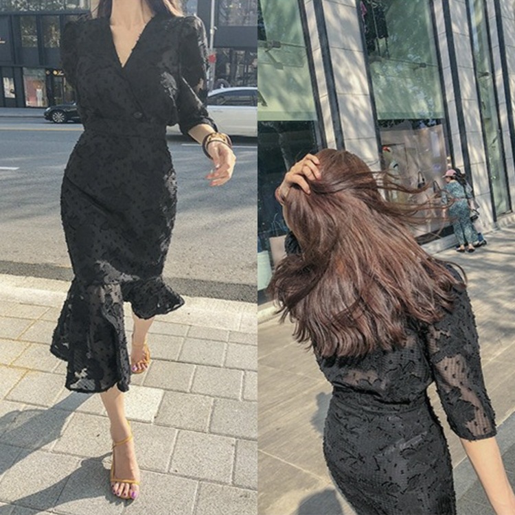 シースルーシフォン マーメイドライン ブラックワンピース