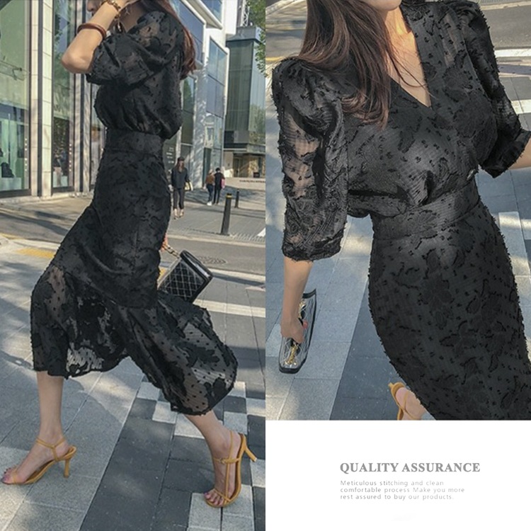 シースルーシフォン マーメイドライン ブラックワンピース