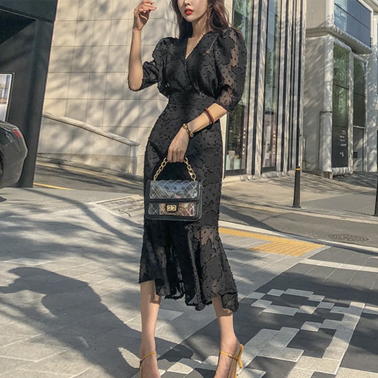 シースルーシフォン マーメイドライン ブラックワンピース