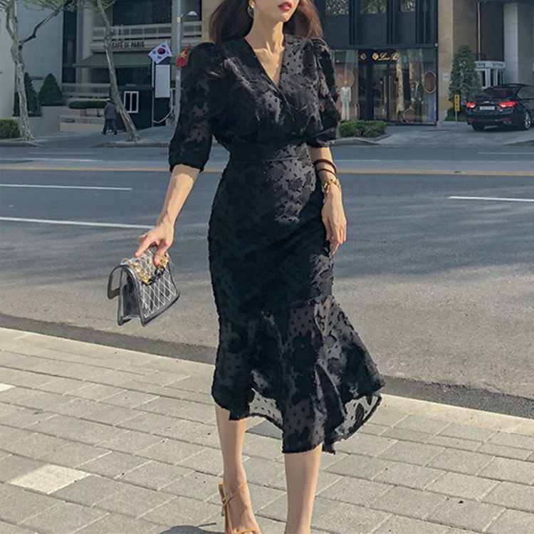 シースルーシフォン マーメイドライン ブラックワンピース