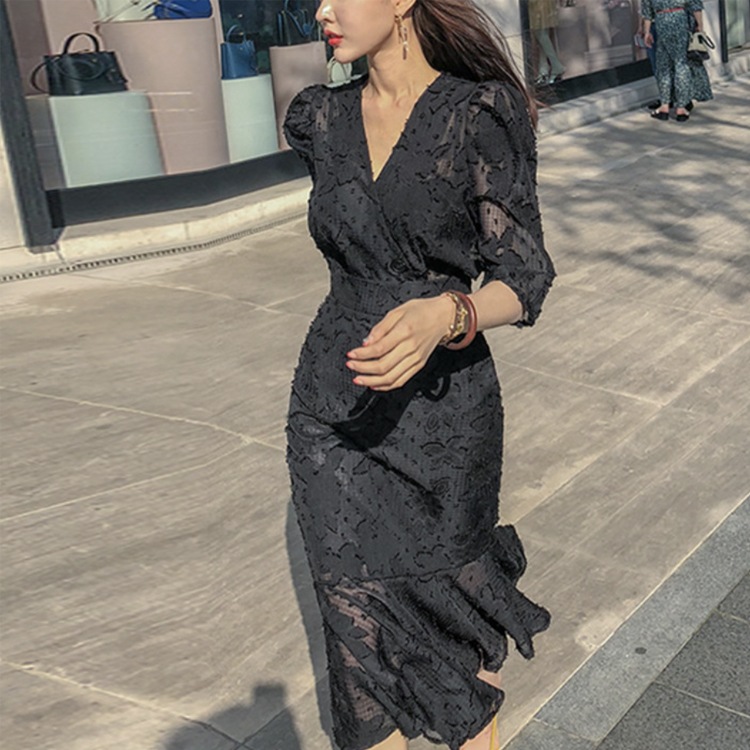 シースルーシフォン マーメイドライン ブラックワンピース